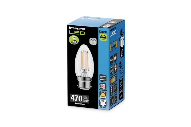 OMNI FILAMENT CANDLE BULB B22 470LM 4.2W 2700K NON-DIMM 320 BEAM CLEAR