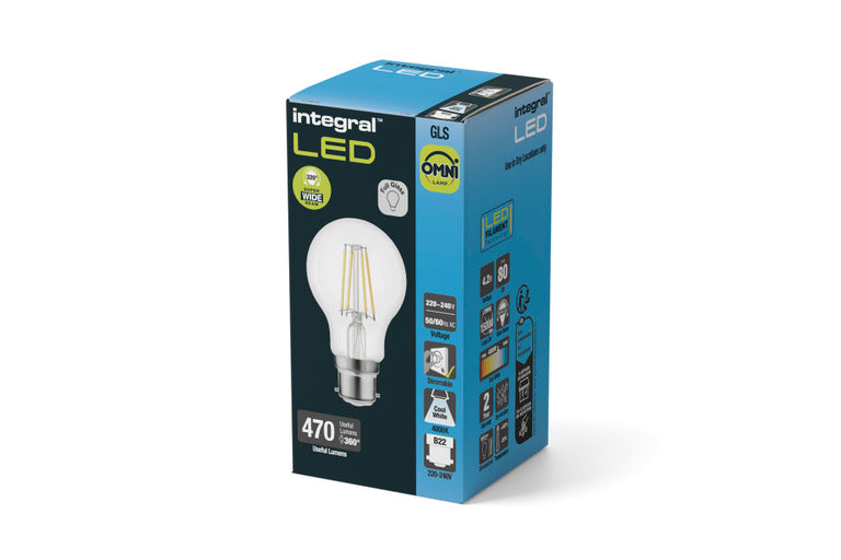 OMNI FILAMENT GLS B22 470LM 4.2W 4000K DIMMABLE 320 BEAM CLEAR FULL GLASS