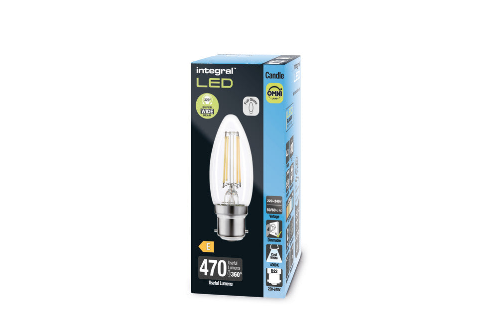 OMNI FILAMENT CANDLE BULB B22 470LM 4.2W 4000K DIMMABLE 320 BEAM CLEAR FULL GLASS