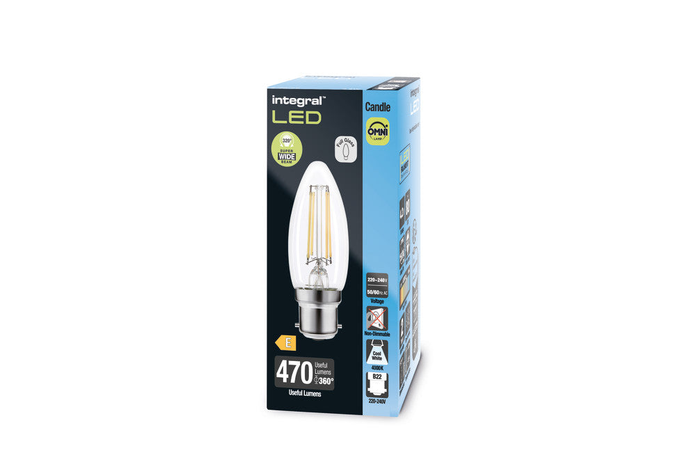 OMNI FILAMENT CANDLE BULB B22 470LM 4.2W 4000K NON-DIMM 320 BEAM CLEAR