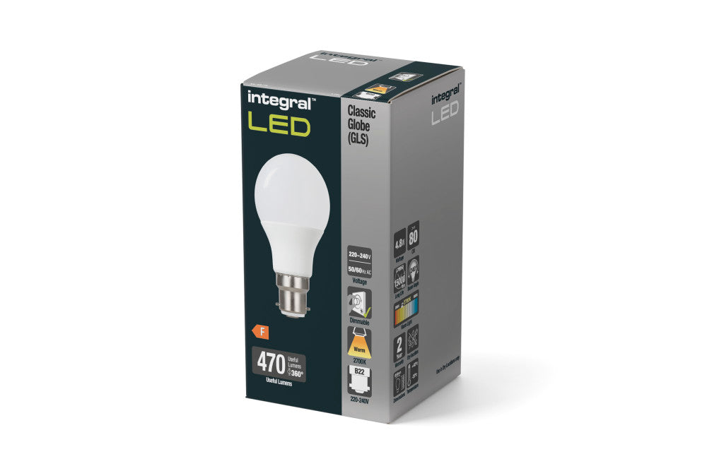 GLS BULB B22 470LM 4.8W 2700K DIMMABLE 240 BEAM FROSTED