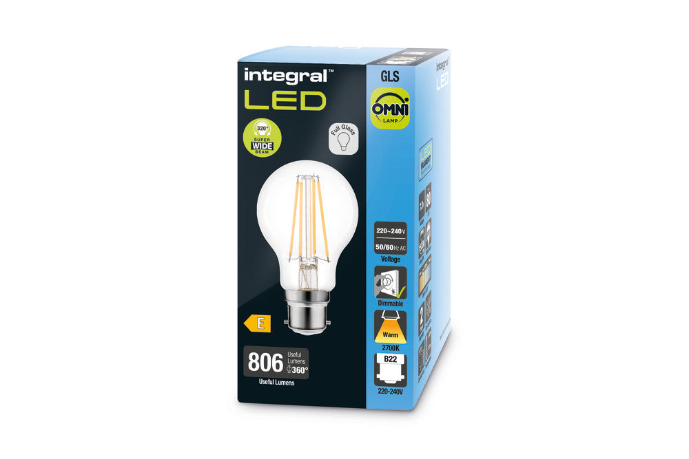 OMNI FILAMENT GLS BULB B22 806LM 7.3W 2700K DIMMABLE 320 BEAM CLEAR FULL GLASS