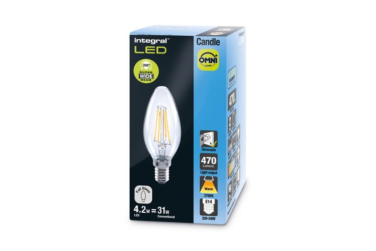 OMNI FILAMENT CANDLE BULB E14 470LM 4.2W 2700K DIMMABLE 300 BEAM CLEAR FULL GLASS