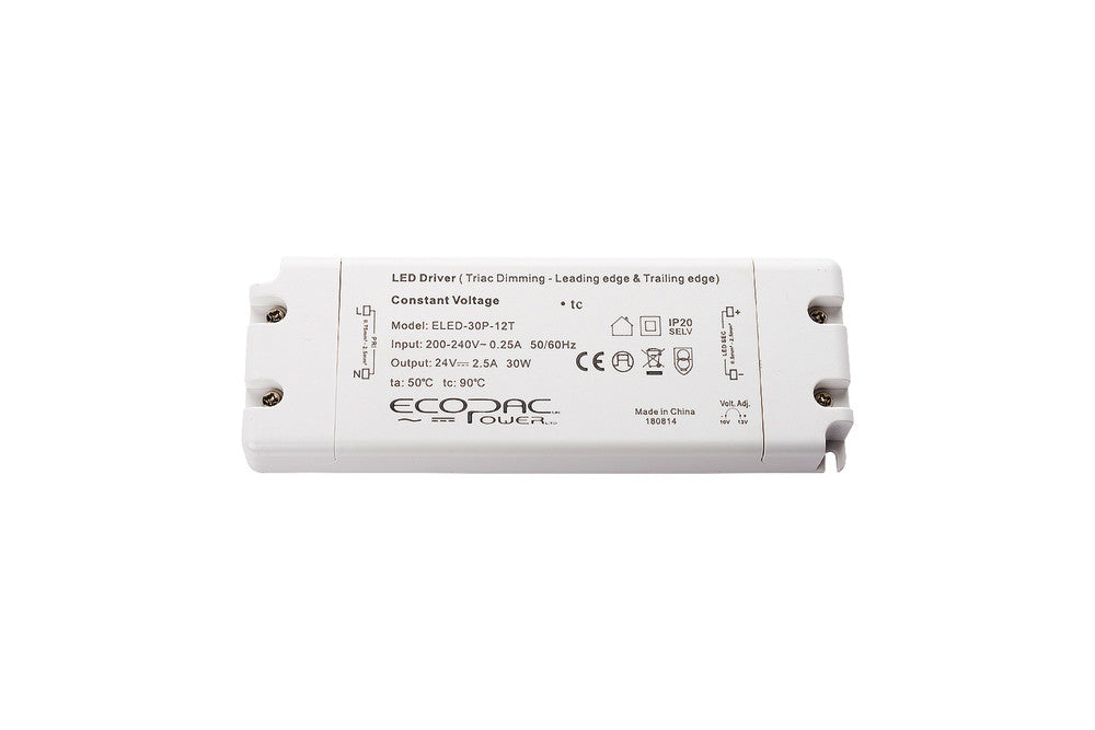 CONSTANT VOLTAGE DRIVER 30W 24VDC IP20 TRIAC DIMMABLE 180-240V INPUT 1.5W MIN LOAD Suitable for leading and Trailing edge dimmers