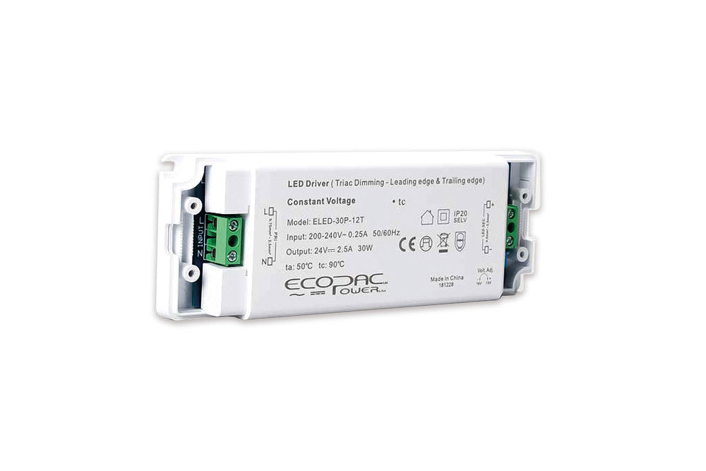 CONSTANT VOLTAGE DRIVER 30W 24VDC IP20 TRIAC DIMMABLE 180-240V INPUT 1.5W MIN LOAD Suitable for leading and Trailing edge dimmers