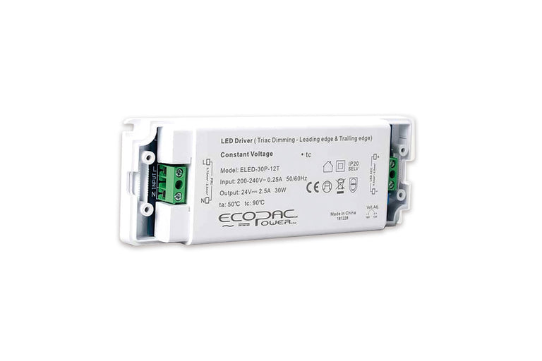 CONSTANT VOLTAGE DRIVER 30W 24VDC IP20 TRIAC DIMMABLE 180-240V INPUT 1.5W MIN LOAD Suitable for leading and Trailing edge dimmers