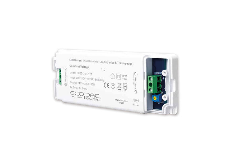 CONSTANT VOLTAGE DRIVER 30W 24VDC IP20 TRIAC DIMMABLE 180-240V INPUT 1.5W MIN LOAD Suitable for leading and Trailing edge dimmers