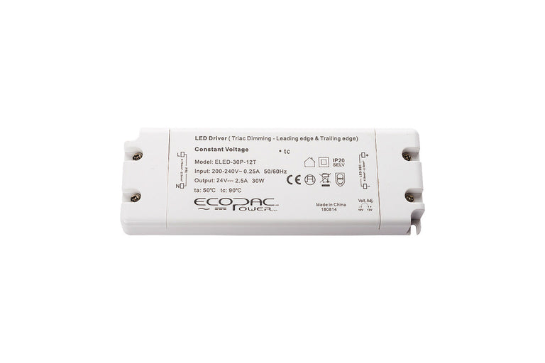 CONSTANT VOLTAGE DRIVER 30W 24VDC IP20 TRIAC DIMMABLE 180-240V INPUT 1.5W MIN LOAD Suitable for leading and Trailing edge dimmers