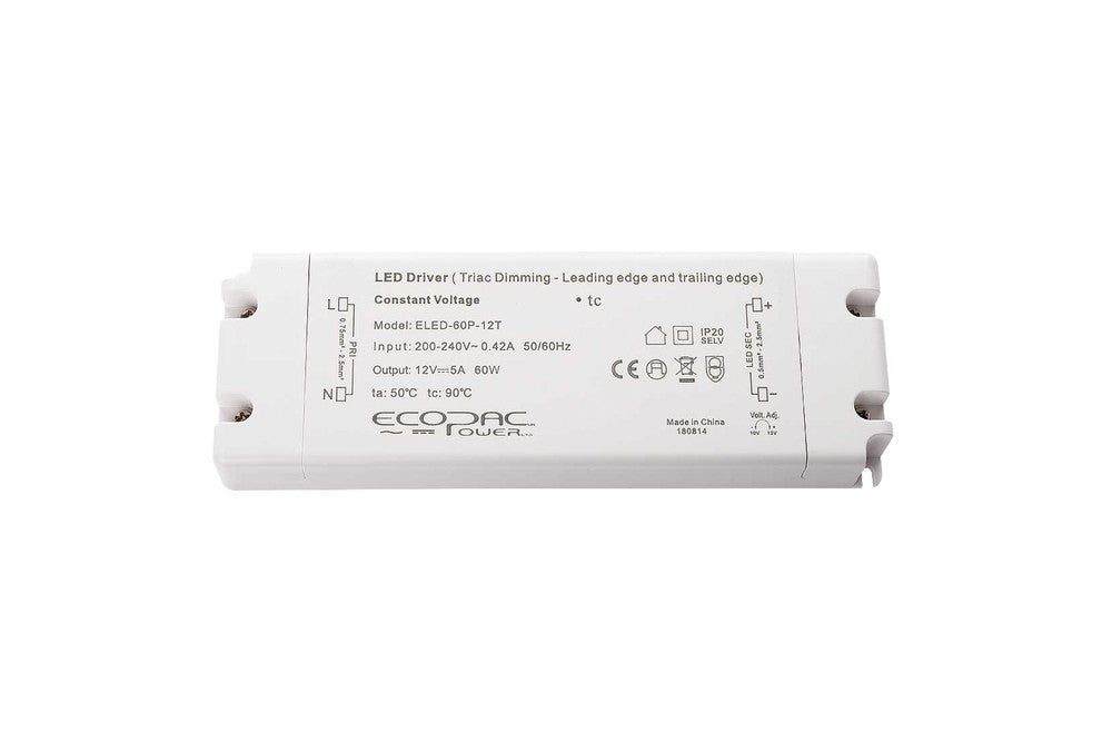 CONSTANT VOLTAGE DRIVER 60W 12VDC IP20 TRIAC DIMMABLE 200-240V INPUT 6W MIN LOAD Suitable for leading and Trailing edge dimmers