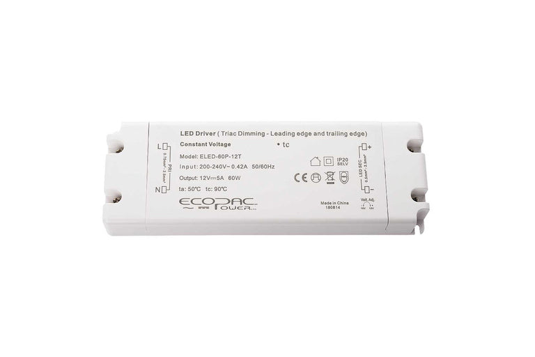CONSTANT VOLTAGE DRIVER 60W 12VDC IP20 TRIAC DIMMABLE 200-240V INPUT 6W MIN LOAD Suitable for leading and Trailing edge dimmers