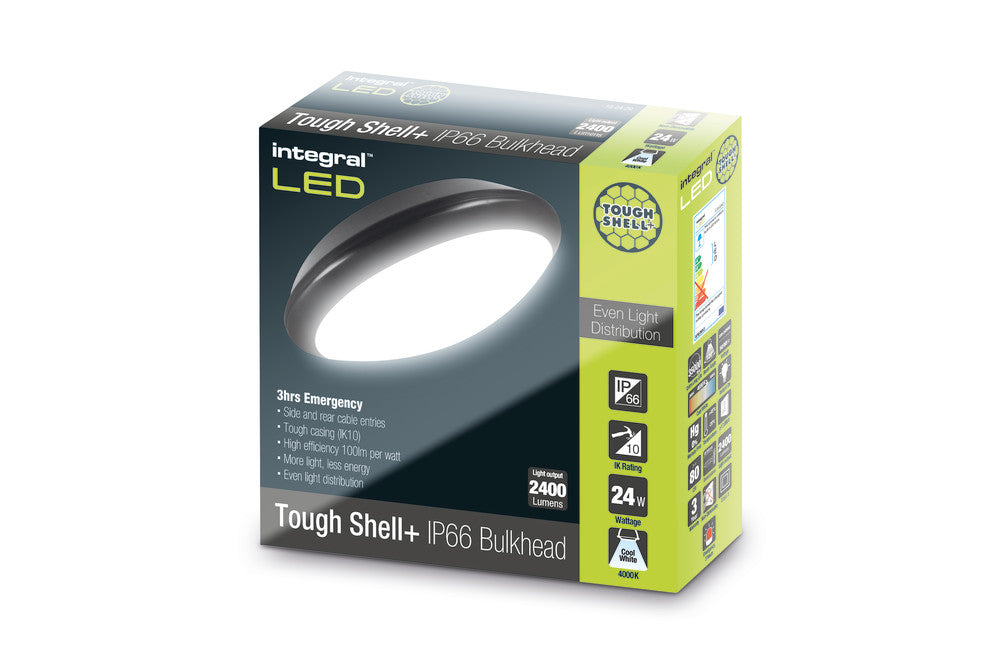 TOUGH SHELL+ BULKHEAD EMERGENCY 3HR 350MM DIA IP66 2400LM 24W 4000K IK10 120 BEAM NON-DIMM BLACK 100LM/W