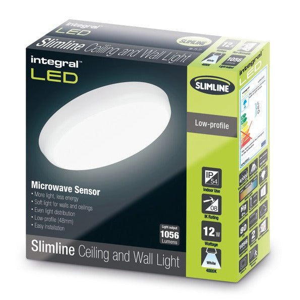 SLIMLINE CEILING/WALL LIGHT MICROWAVE SENSOR 250MM DIA IP54 1056LM 12W 4000K IK10 120 BEAM NON-DIMM WHITE 100LM/W