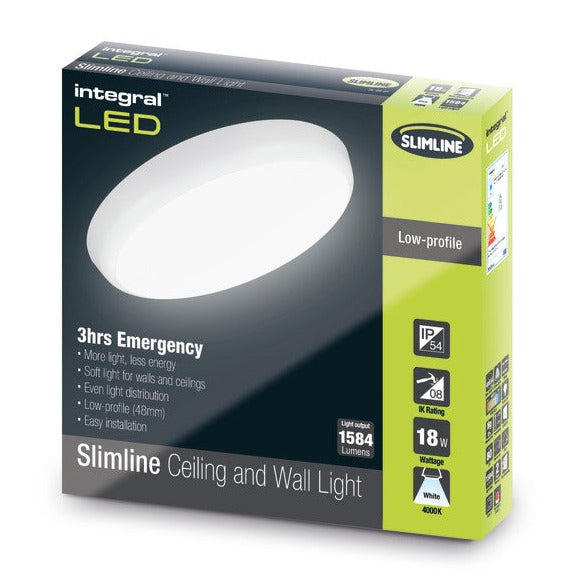 SLIMLINE CEILING/WALL LIGHT EMERGENCY 3HR 300MM DIA IP54 1584LM 18W 4000K IK10 120 BEAM NON-DIMM WHITE 100LM/W