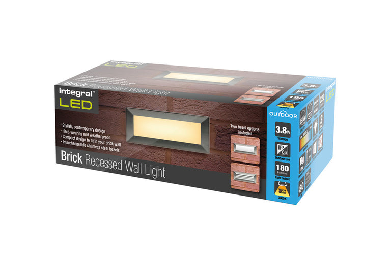 OUTDOOR RECESSED WALL LIGHT BRICK IP65 180LM 3.8W 3000K DOWN LIGHT Includes two stainless steel bezel options