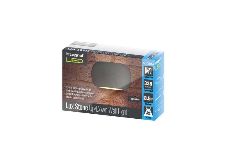 OUTDOOR DECORATIVE WALL LIGHT LUXSTONE IP54 335LM 8.5W 4000K UP/DOWN LIGHT DARK GREY