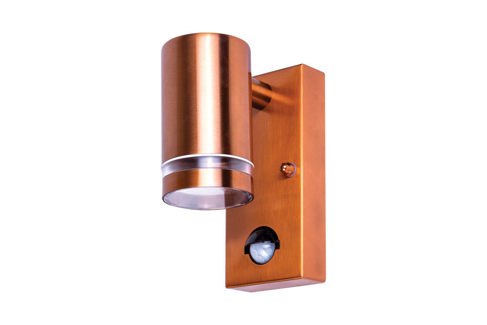 OUTDOOR STAINLESS STEEL DOWN WALL LIGHT PIR IP54 1xGU10 COPPER