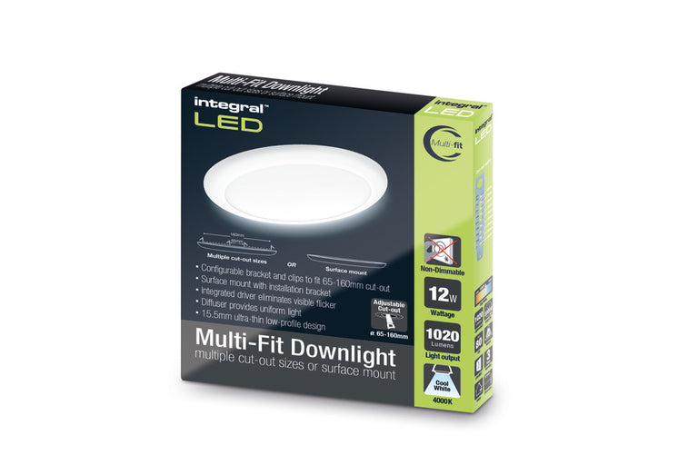 MULTI-FIT DOWNLIGHT 65-160MM CUTOUT 1020LM 12W 4000K NON-DIMM 85LM/W WHITE TPb DIFFUSER