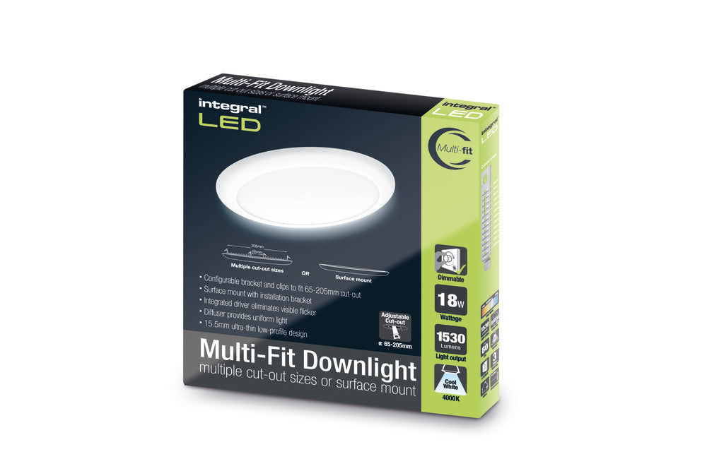 MULTI-FIT DOWNLIGHT 65-205MM CUTOUT 1530LM 18W 4000K DIMMABLE 85LM/W WHITE