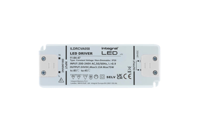CONSTANT VOLTAGE DRIVER 75W 24VDC IP20 NON-DIMM 200-240V INPUT INTEGRAL