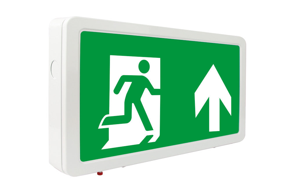 SLIMLINE 2 EMERGENCY EXIT BOX 24M VIEWING 3.3W 3HR MAINTAINED OR NON-MAINTAINED MANUAL TEST CW UP ARROW 50 LUMENS