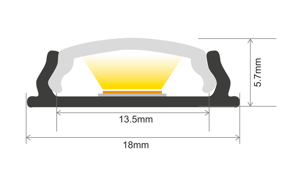 PROFILE ALUMINIUM BENDABLE SURFACE MOUNT 1M FROSTED DIFFUSER 18 X 5.7MM INCLUDE 2 ENDCAPS AND 2 MOUNTING BRACKETS