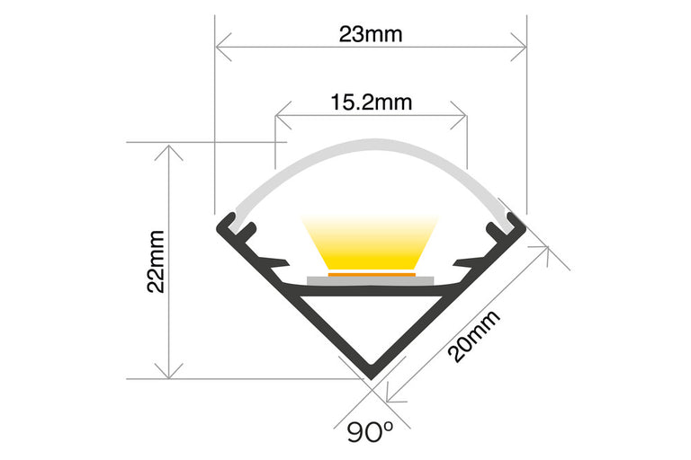 PROFILE ALUMINIUM CORNER SURFACE MOUNT 2M CLEAR DIFFUSER 20X20MM INCLUDE 2 END CAPS AND 4 MOUNTING BRACKETS