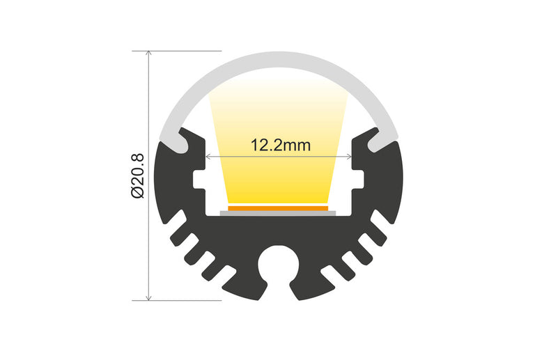 PROFILE ALUMINIUM ROUND 2M FROSTED DIFFUSER 20.8MM DIA INCLUDE 2 ENDCAPS AND 4 MOUNTING BRACKETS