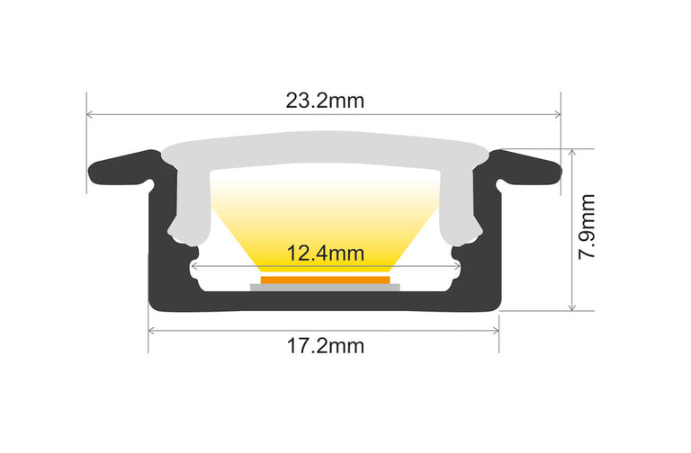 PROFILE ALUMINIUM RECESSED 1M FROSTED DIFFUSER 23.2 X 7.9MM INCLUDE 2 ENDCAPS AND 2 MOUNTING BRACKETS
