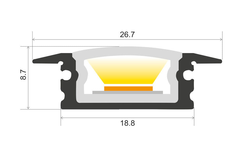 PROFILE ALUMINIUM IP65 RECESSED 2M FROSTED DIFFUSER 26.7 X 8MM INCLUDE 2M PLATE 2 ENDCAPS 2 SEALING PLUGS 4 SCREWS AND 4 MOUNTING BRACKETS