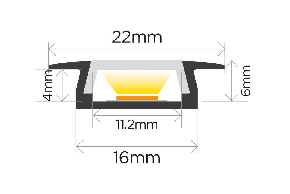 PROFILE ALUMINIUM RECESSED 1M FROSTED CLIP-IN DIFFUSER 22 X 6MM INCLUDE 2 ENDCAPS AND 2 MOUNTING BRACKETS