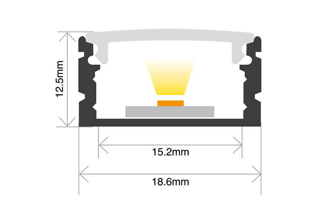 PROFILE ALUMINIUM SURFACE MOUNT 2M FROSTED DIFFUSER 18.6 X 12.5MM INCLUDE 2 ENDCAPS AND 4 MOUNTING BRACKETS