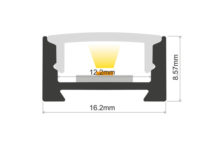 PROFILE ALUMINIUM SURFACE MOUNT 1M FROSTED DIFFUSER 16.2 X 8.57MM INCLUDE 2 ENDCAPS AND 2 MOUNTING BRACKETS