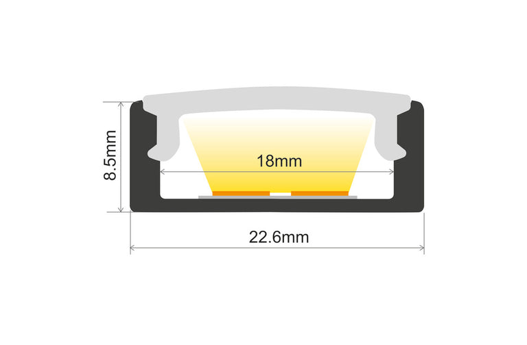 PROFILE ALUMINIUM SURFACE MOUNT 1M FROSTED DIFFUSER 22.6 X 8.5MM INCLUDE 2 ENDCAPS AND 2 MOUNTING BRACKETS