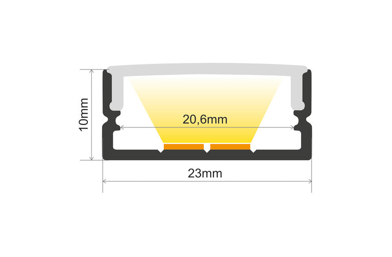 PROFILE ALUMINIUM SURFACE MOUNT 2M FROSTED DIFFUSER 23 X 10MM INCLUDE 2 ENDCAPS AND 4 MOUNTING BRACKETS