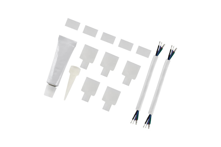 IP65 KIT, 5 X PIERCED END CAPS, 5 X SEALED END CAPS, 2 SETS OF 100MM LIVE CABLES AND SILICON TUBE FOR 14.5MM IP65 COB HIGH UNIFORMITY RGB STRIPS