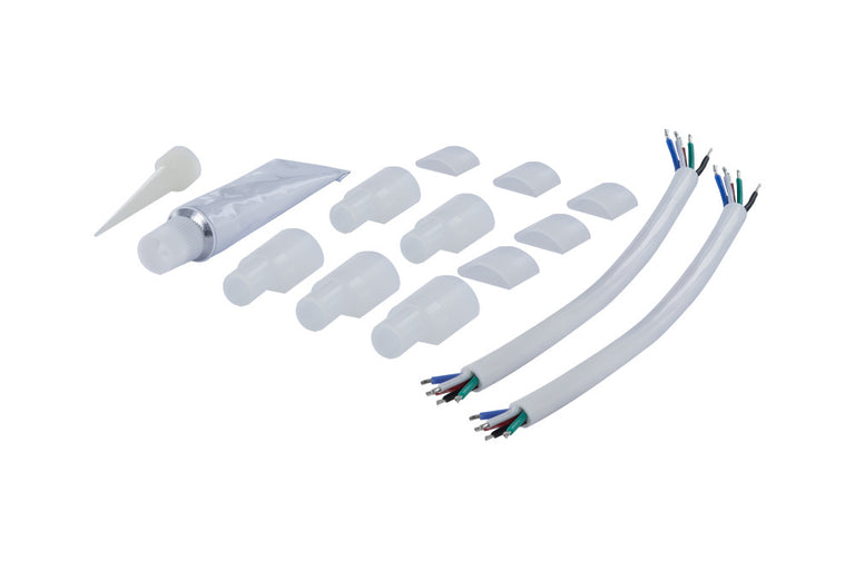 IP65 KIT, 5 X PIERCED END CAPS, 5 X SEALED END CAPS, 2 SETS OF LIVE CABLES AND SILICON TUBE FOR 14.5MM IP65 COB HIGH UNIFORMITY RGBW STRIPS