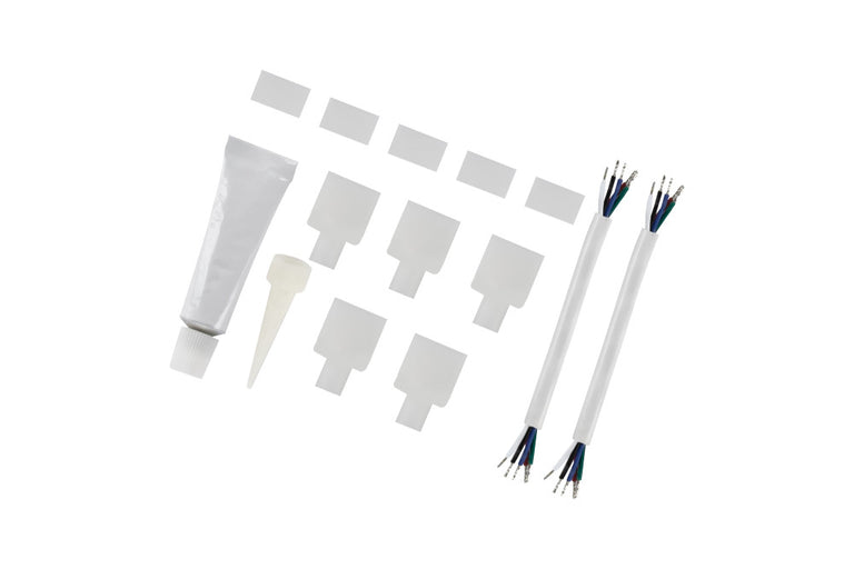 IP65 KIT, 5 X PIERCED END CAPS, 5 X SEALED END CAPS, 2 SETS OF LIVE CABLES AND SILICON TUBE FOR 14.5MM IP65 COB HIGH UNIFORMITY RGBW STRIPS