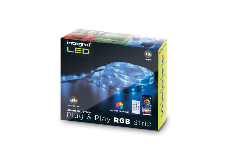 RGB PLUG AND PLAY LED STRIP KITS IP20 10M 4.5W/M 30LED/M 10MM WIDTH 120 BEAM BOX PACK WITH IR CONTROLLER & BLE APP CONTROL UK PLUG