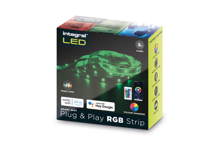 RGB PLUG AND PLAY LED STRIP KITS IP20 5M 4.5W/M 30LED/M 10MM WIDTH 120 BEAM BOX PACK WITH IR CONTROLLER & WIFI APP GOOGLE / ALEXA CONTROL AND UK PLUG