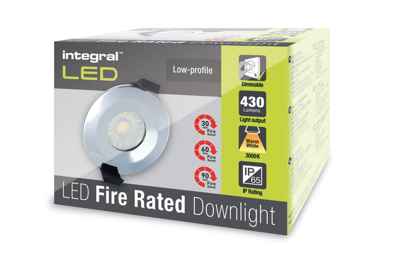 LOW-PROFILE FIRE RATED DOWNLIGHT 70-75MM CUTOUT IP65 430LM 6W 3000K 38 BEAM DIMMABLE 72LM/W POLISHED CHROME