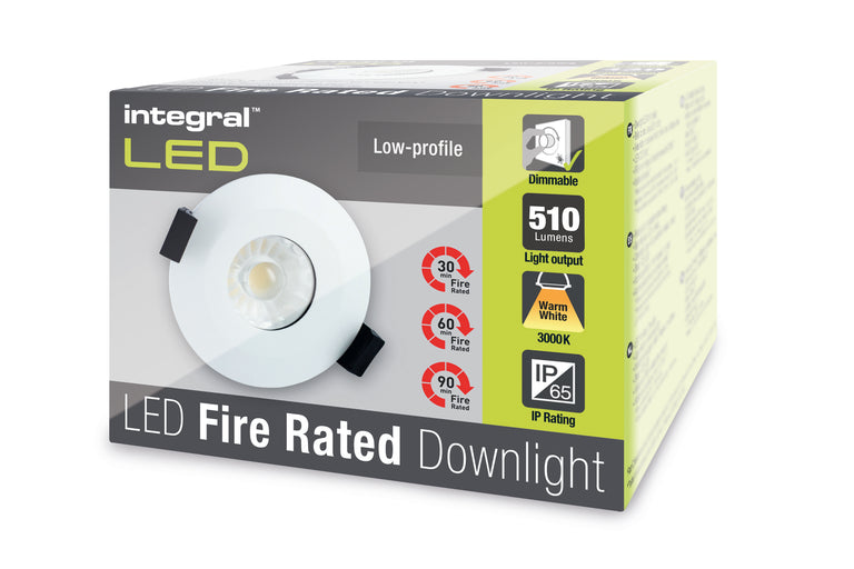 LOW-PROFILE FIRE RATED DOWNLIGHT 70-75MM CUTOUT IP65 510LM 6W 3000K 38 BEAM DIMMABLE 85LM/W WHITE