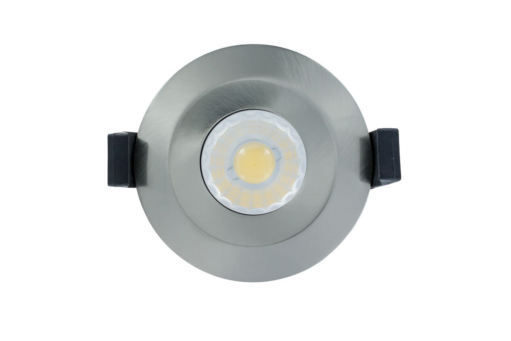 LOW-PROFILE FIRE RATED DOWNLIGHT 70-75MM CUTOUT IP65 510LM 6W 3000K 38 BEAM DIMMABLE 85LM/W SATIN NICKEL