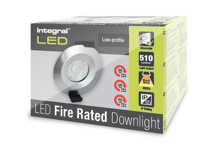 LOW-PROFILE FIRE RATED DOWNLIGHT 70-75MM CUTOUT IP65 510LM 6W 3000K 38 BEAM DIMMABLE 85LM/W SATIN NICKEL