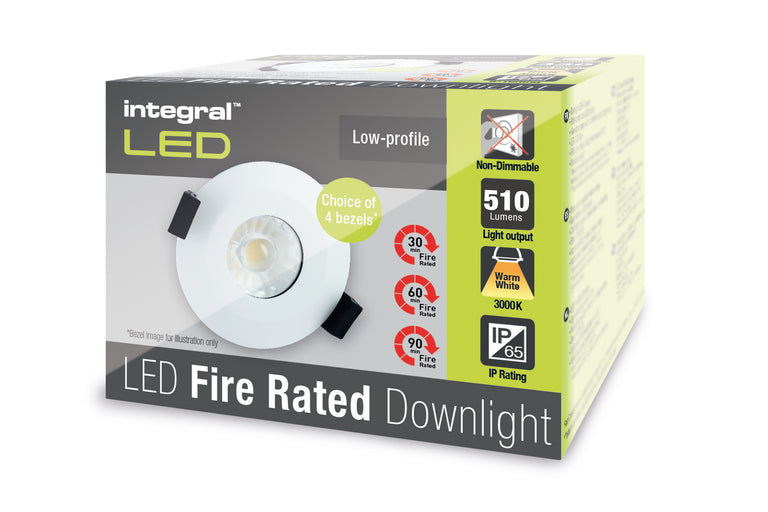 LOW-PROFILE FIRE RATED DOWNLIGHT 70-75MM CUTOUT IP65 510LM 6W 3000K 38 BEAM NON-DIMM 85LM/W NO BEZEL