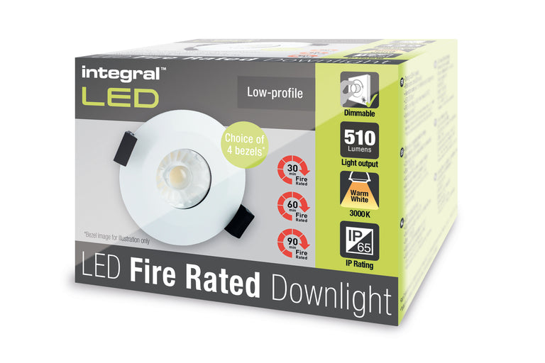 LOW-PROFILE FIRE RATED DOWNLIGHT 70-75MM CUTOUT IP65 510LM 6W 3000K 38 BEAM DIMMABLE 85LM/W NO BEZEL