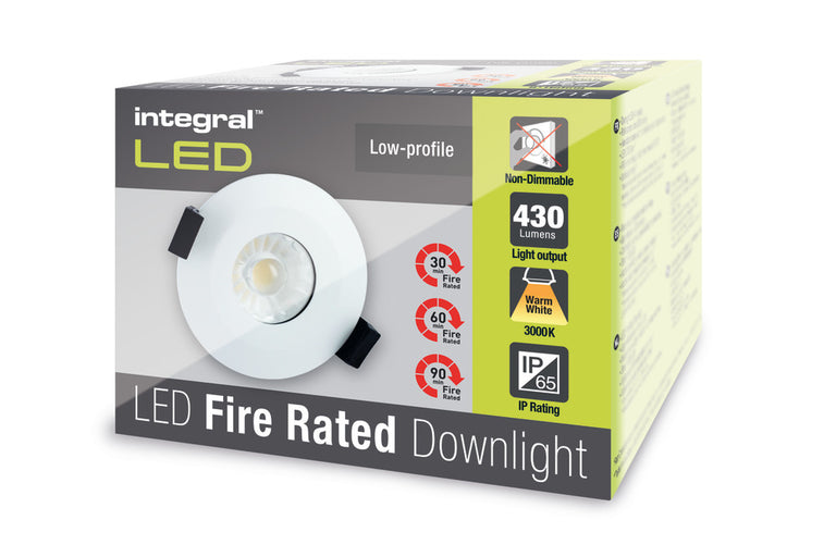 LOW-PROFILE FIRE RATED DOWNLIGHT 70-75MM CUTOUT IP65 510LM 6W 3000K 38 BEAM NON-DIMM 85LM/W WHITE