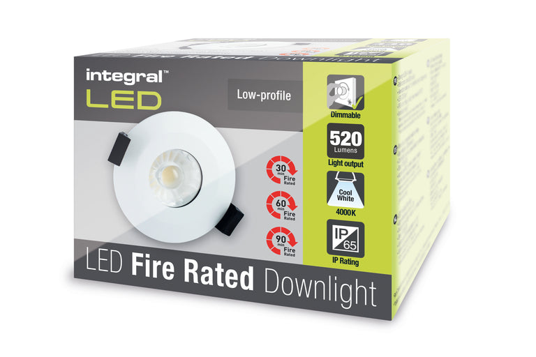 LOW-PROFILE FIRE RATED DOWNLIGHT 70-75MM CUTOUT IP65 520LM 6W 4000K 38 BEAM DIMMABLE 86LM/W WHITE