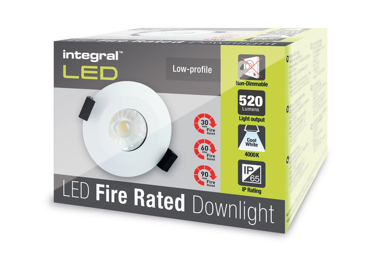 LOW-PROFILE FIRE RATED DOWNLIGHT 70-75MM CUTOUT IP65 520LM 6W 4000K 38 BEAM NON-DIMM 86LM/W WHITE