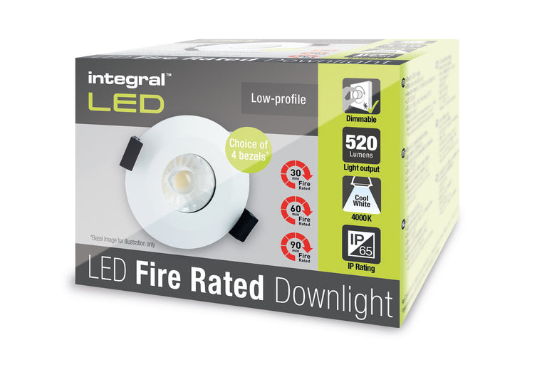 LOW-PROFILE FIRE RATED DOWNLIGHT 70-75MM CUTOUT IP65 520LM 6W 4000K 38 BEAM DIMMABLE 86LM/W NO BEZEL