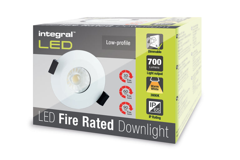 LOW-PROFILE FIRE RATED DOWNLIGHT 70-75MM CUTOUT IP65 700LM 8.5W 3000K 60 BEAM DIMMABLE 82LM/W WHITE